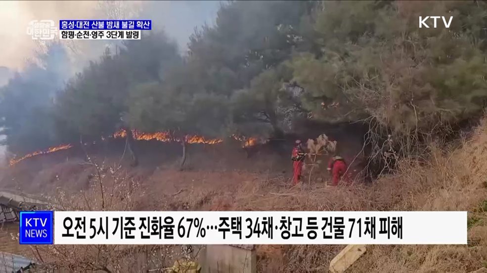 홍성·대전 산불 밤새 불길 확산···함평·순천·영주 3단계 발령