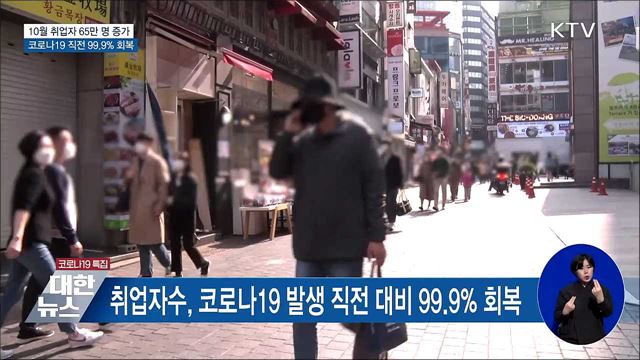 10월 취업자수 65만 명 증가···팬데믹 이전 99.9&#37; 회복