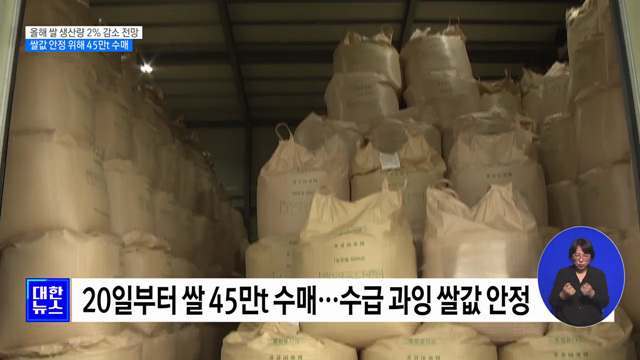 올해 쌀 생산 2&#37;↓전망···20일부터 45만t 수매