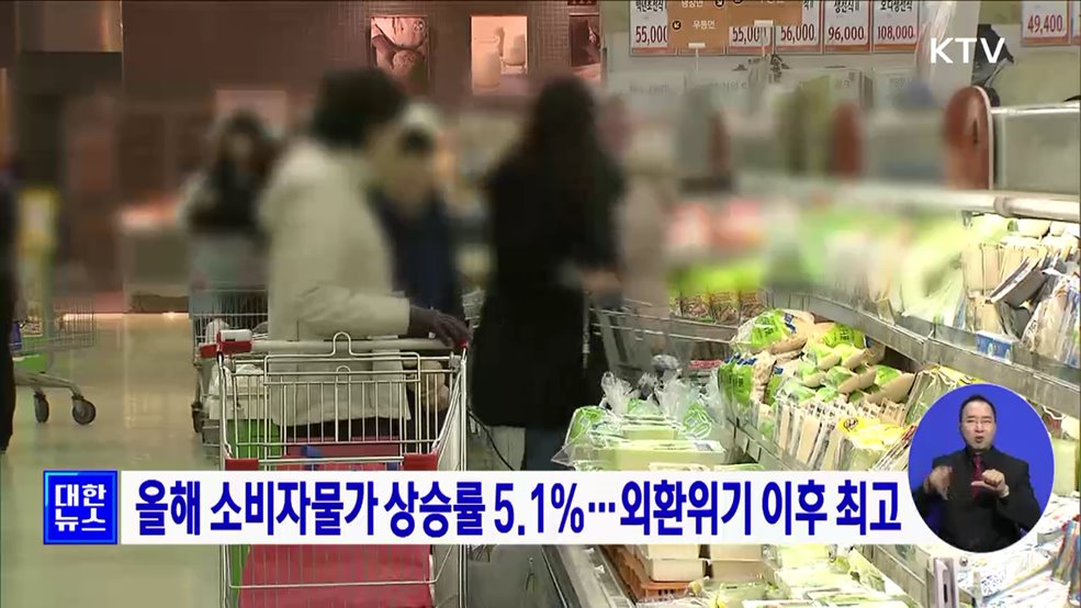 올해 소비자물가 상승률 5.1&#37;···외환위기 이후 최고