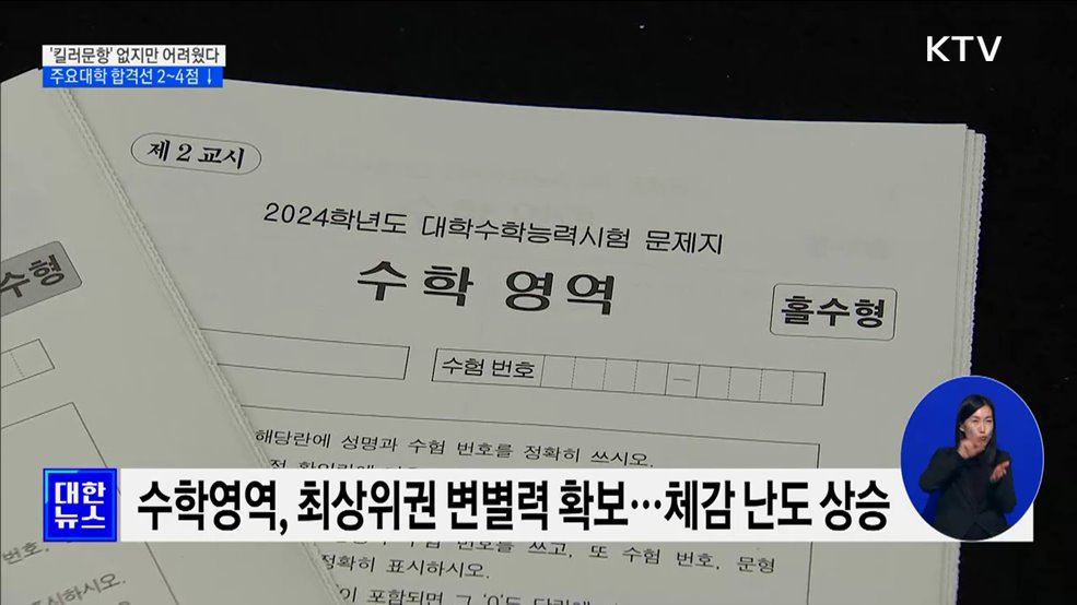 '킬러문항' 없지만 어려웠다···주요대학 합격선 2~4점↓