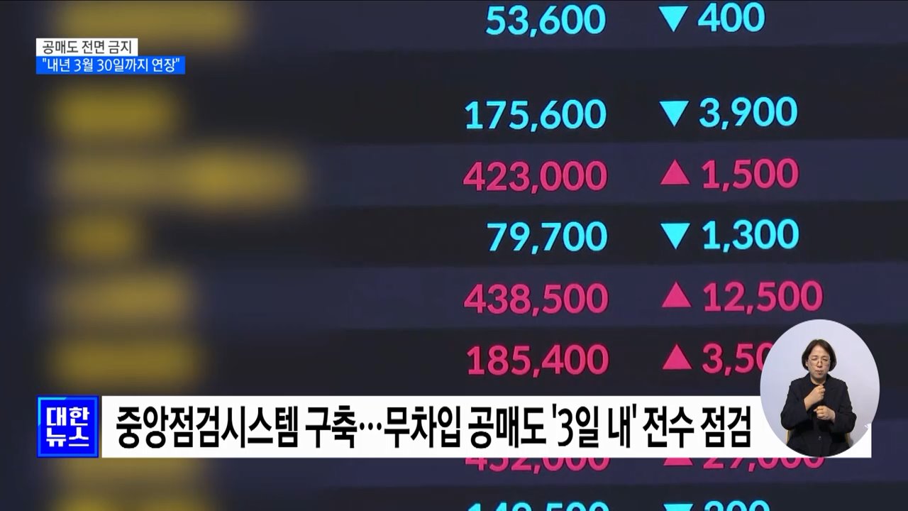 금융위원회 &#34;공매도 전면 금지 내년 3월 30일까지 연장&#34;