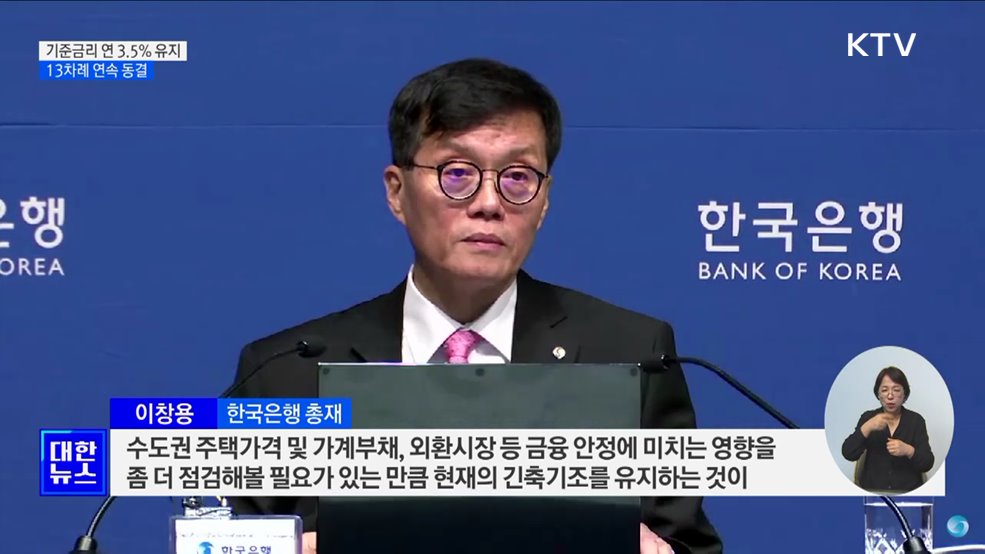 한국은행, 기준금리 연 3.5&#37; 유지···13차례 연속 동결
