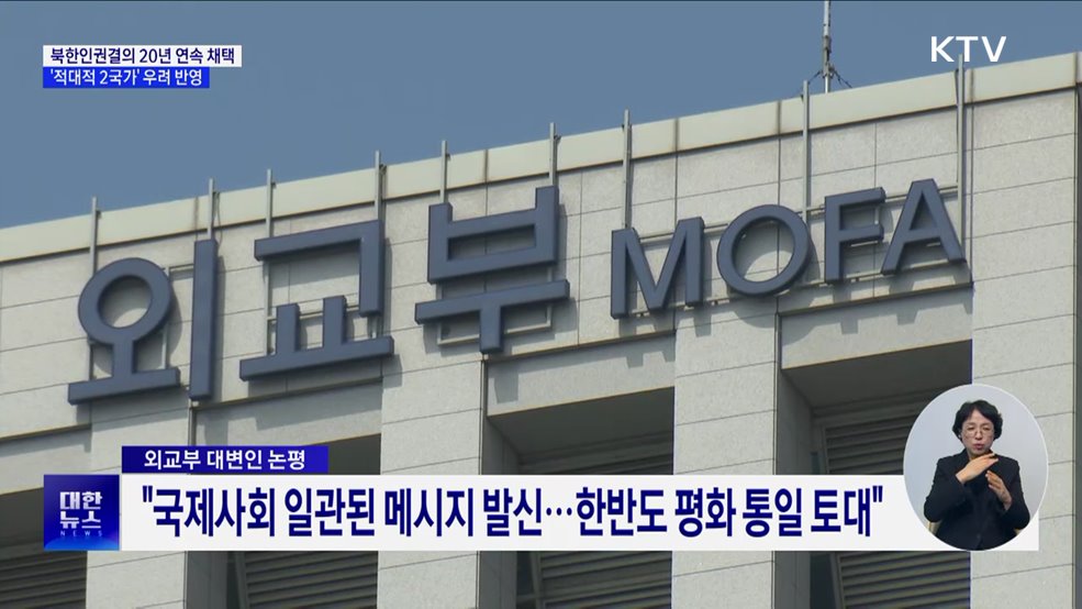 북한인권결의안 20년 연속 채택···&#39;적대적 2국가&#39; 우려 포함