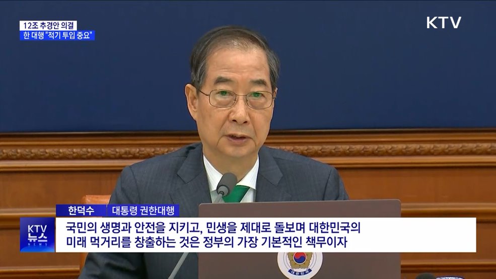 12조 추경안 의결···한 대행 &#34;적기 투입 중요&#34;