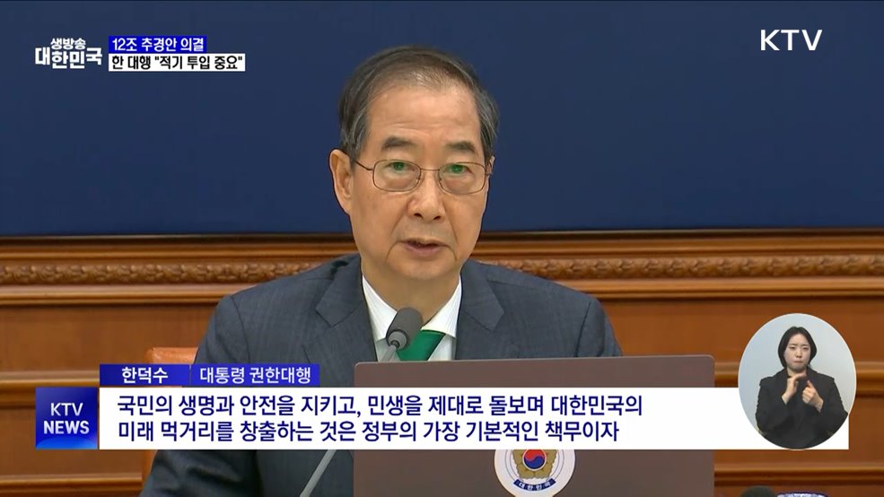 12조 추경안 의결···한 대행 &#34;적기 투입 중요&#34;