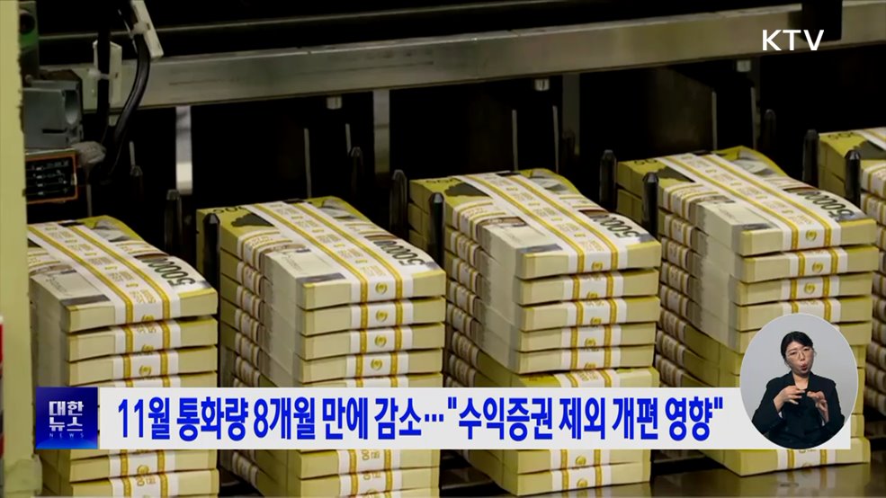 11월 통화량 8개월 만에 감소···"수익증권 제외 개편 영향"