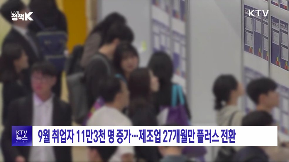 9월 취업자 11만3천 명 증가···제조업 27개월만 플러스 전환