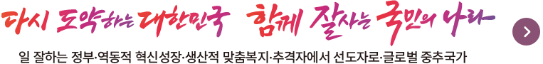 다시 도약하는 대한민국 함께 잘사는 국민의 나라 일 잘하는 정부·역동적 혁신성장·생산적 맞춤복지·추격자에서 선도자로·글로벌 중추국가