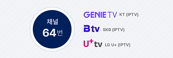 GENIETV-KT/IPTV,U+tv/LG U+(IPTV),Btv/SKB(IPTV)는 채널 64번입니다